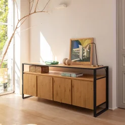 alinea Buffet De Salle À Manger|Buffet*Buffet 4 portes en pin massif et métal noir Bois clair