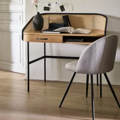 alinea Bureau*Bureau avec rangement en bois et rotin - L105xl59XH96cm Bois clair
