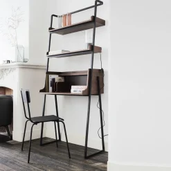 alinea Bureau|Bibliothèque Et Étagère*Bureau plaqué noyer et métal noir avec 2 tablettes L80cm - Bois foncé