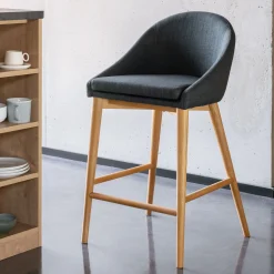 alinea Tabouret Haut De Bar*Chaise de bar en tissu foncé pieds bois - H66cm Gris