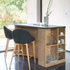 alinea Tabouret Haut De Bar*Chaise de bar en tissu foncé pieds bois - H66cm Gris