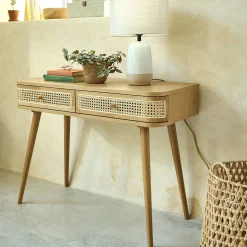 alinea Meuble D'Entrée|Console*Coiffeuse 2 tiroirs en chêne et rotin - Bois clair