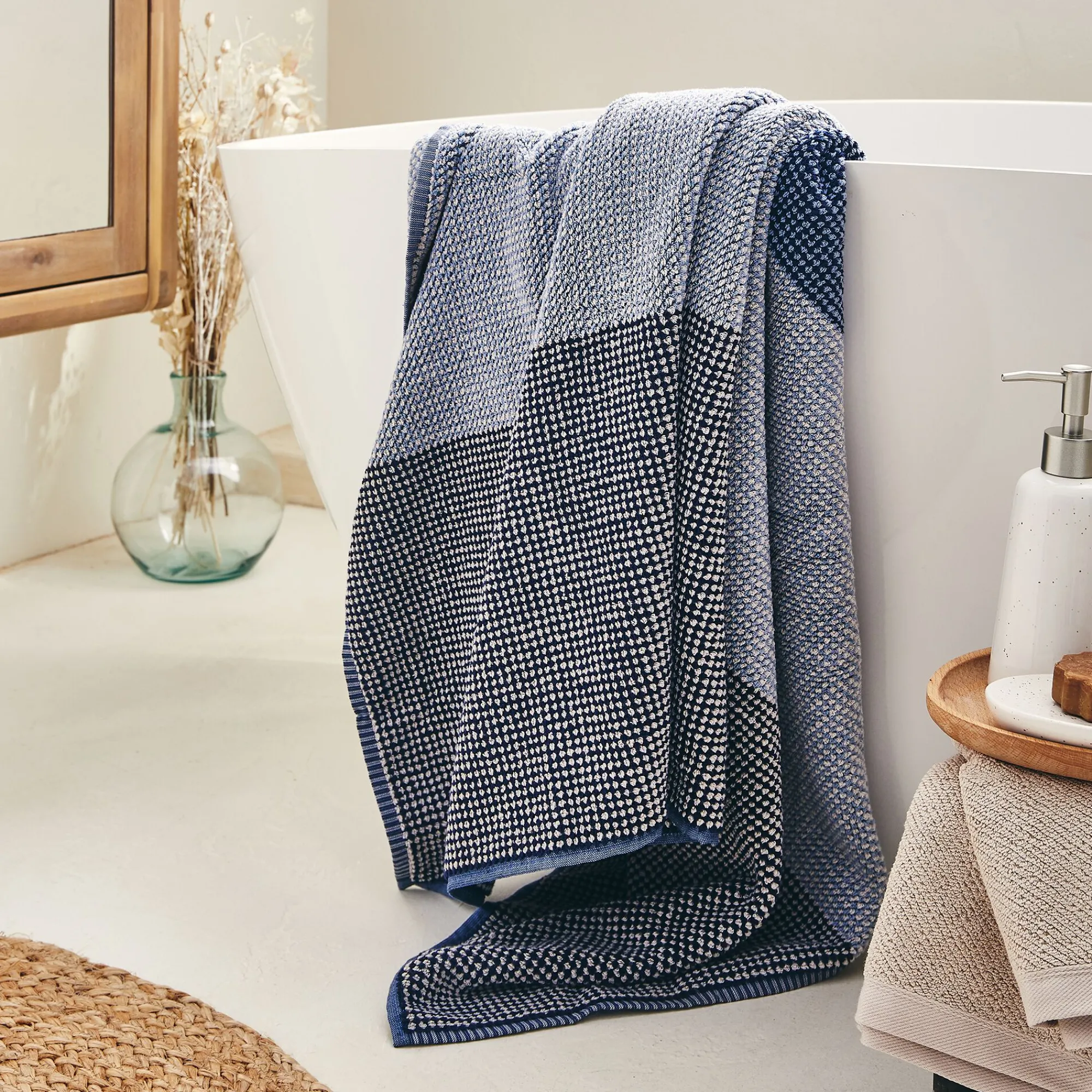 alinea Drap De Bain*Drap de bain bouclette jacquard en coton - 100x150cm Bleu