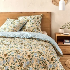 alinea Parure De Lit*Housse de couette 240x220cm et 2 taies d'oreiller 63x63cm en percale de coton motif floral - Bleu