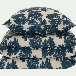 alinea Parure De Lit*Housse de couette 260x240cm et 2 taies d'oreiller 63x63cm en coton avec motif feuilles - Bleu