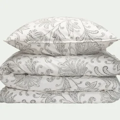 alinea Parure De Lit*Housse de couette 240x220cm et 2 taies d'oreiller 63x63cm en percale de coton motif floral - Blanc