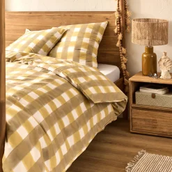 alinea Parure De Lit*Housse de couette 240x220cm et 2 taies d'oreiller 63x63cm en coton lavé à motif carreaux - Marron