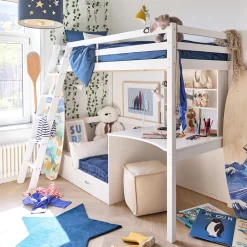 alinea Lit Enfant|Lit Enfant*Lit mezzanine en pin 90x200cm avec bureau - Blanc
