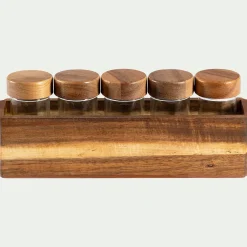 alinea Aménagement Meuble Cuisine|Bocal De Cuisine*Lot de 5 pots à épices en verre avec support en acacia - Transparent