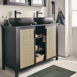 alinea Meuble Sous Vasque*Meuble sous-vasque double en bois de cèdre et 2 portes en cannage - L120cm Noir