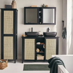 alinea Meuble Sous Vasque*Meuble sous-vasque double en bois de cèdre et 2 portes en cannage - L120cm Noir