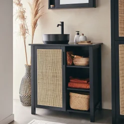 alinea Meuble Sous Vasque*Meuble sous-vasque simple en bois de cèdre et 1 porte en cannage - L80cm Noir