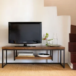 alinea Meuble Tv*Meuble TV 2 plateaux effet bois et acier - 120cm - marron Bois foncé