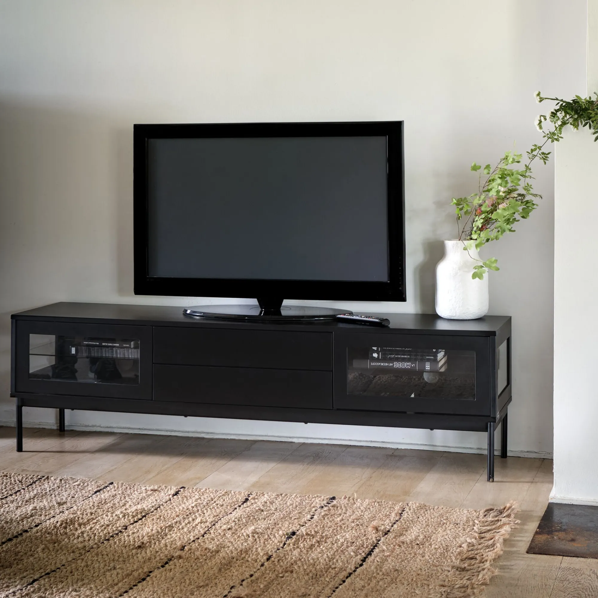 alinea Meuble Tv*Meuble tv 4 portes en bois et verre - L180xl42xH51cm Noir