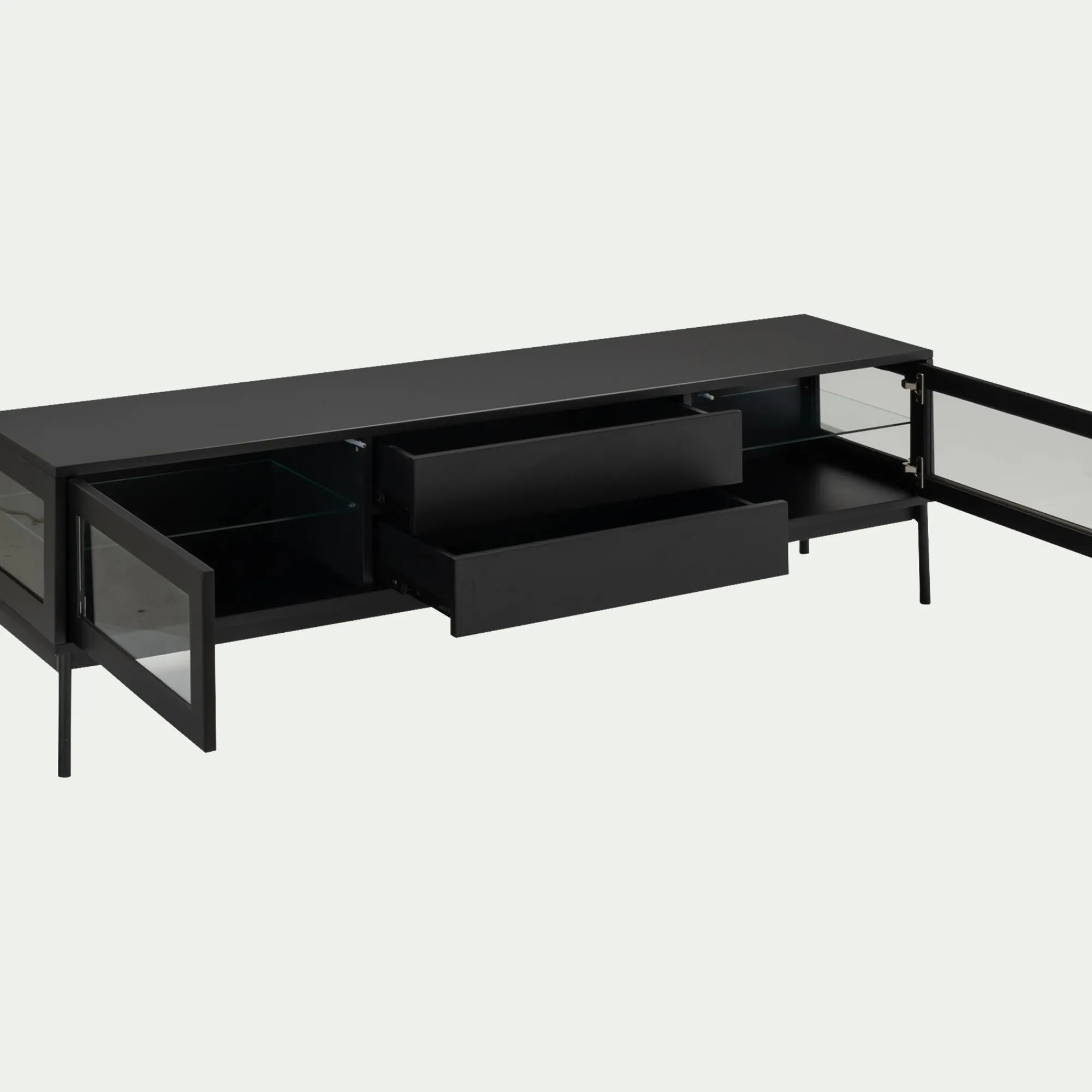 alinea Meuble Tv*Meuble tv 4 portes en bois et verre - L180xl42xH51cm Noir