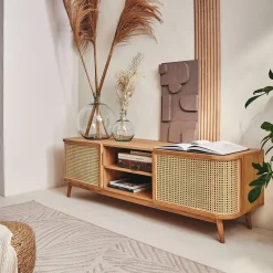 alinea Meuble Tv*Meuble tv 2 portes en bois et cannage L160cm - Bois clair