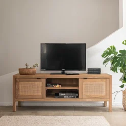 alinea Meuble Tv*Meuble tv 2 portes en teck recyclé et cannage L150cm - Bois clair