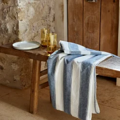alinea Nappe*Nappe à rayures bleues en lin et coton 150x250cm - Blanc