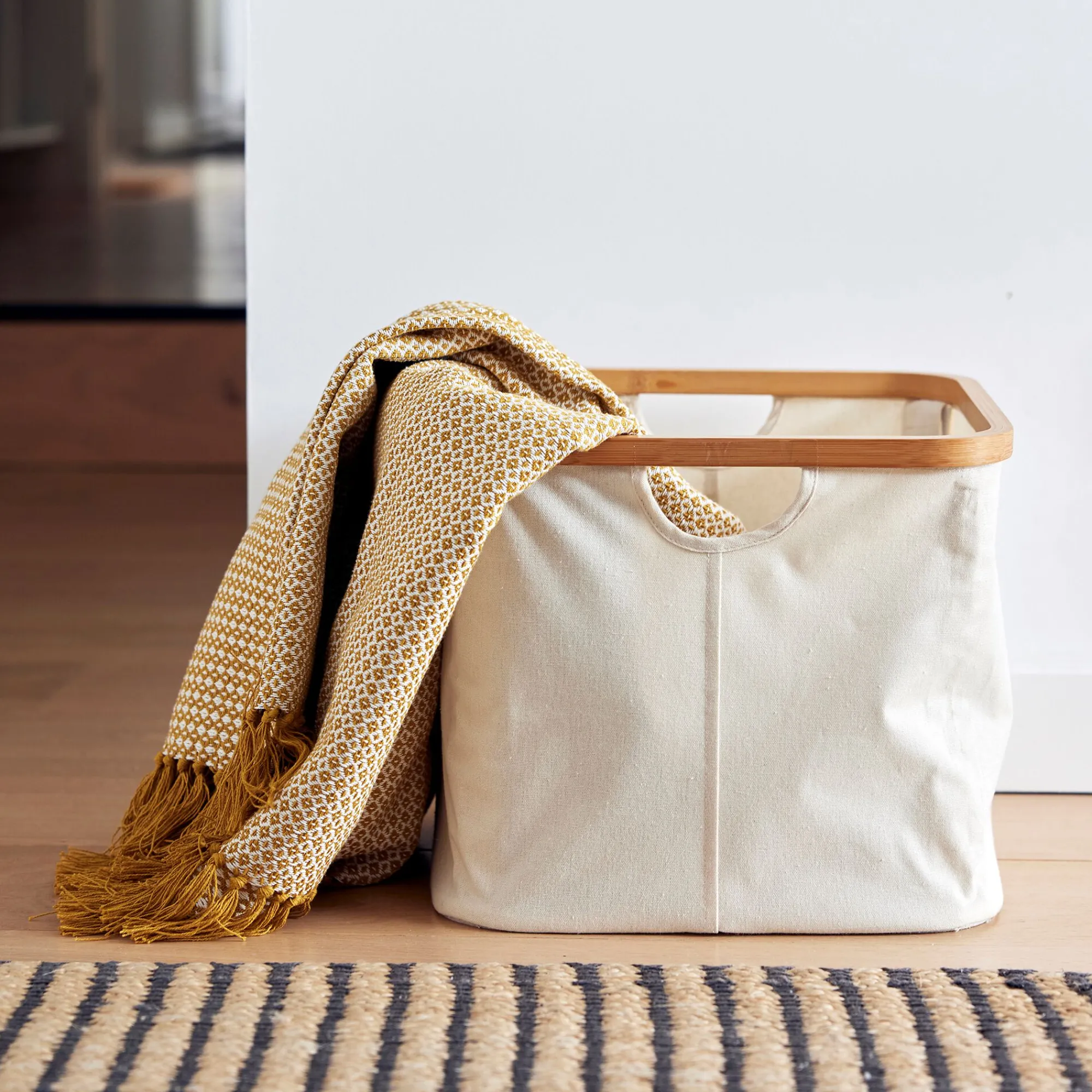 alinea Accessoire De Salle De Bain|Panier*Panier en polycoton et bambou H15xL33cm - blanc