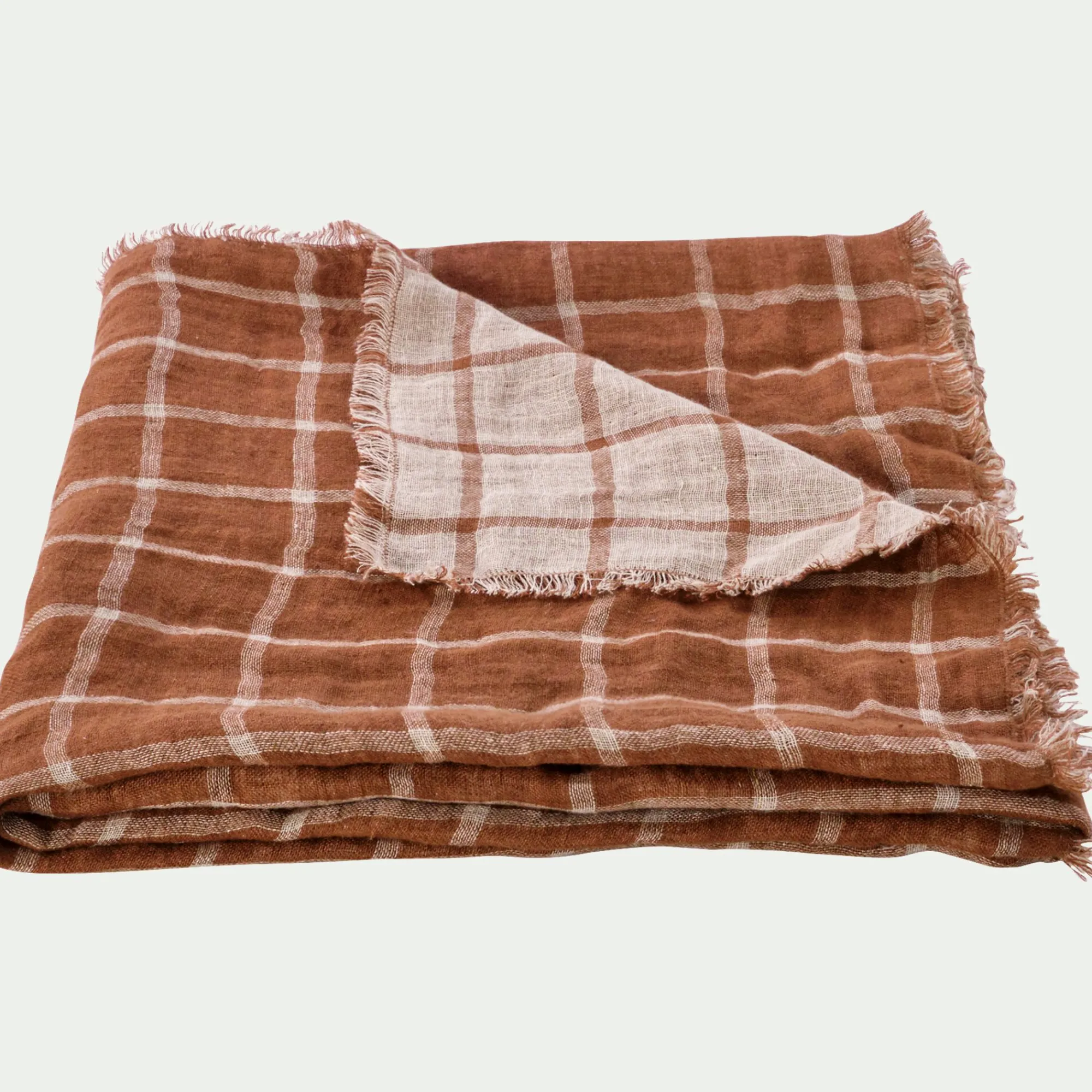 alinea Plaid*Plaid à carreaux en lin lavé 130x170cm - Marron
