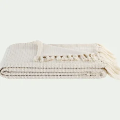 alinea Plaid*Plaid à frange en tissu effet crocheté - écru 130x170cm Blanc