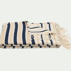 alinea Plaid*Plaid en coton à rayures finition franges 127x170cm - Bleu