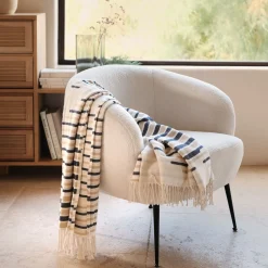 alinea Plaid*Plaid en coton à rayures finition franges 127x170cm - Bleu