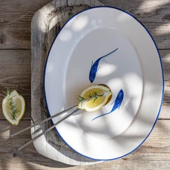 alinea Plat De Service Et Saladier*Plat de présentation ovale à motif poissons en faïence L40cm - Blanc