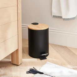 alinea Accessoire De Salle De Bain|Panier De Rangement Salle De Bain*Poubelle en métal et bambou 2,5L - Noir