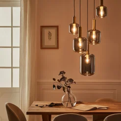 alinea Lustre De Salle À Manger|Suspension Électrifiée*Suspension en acier à 5 globes E27 en verre fumé H218cm - noir Doré