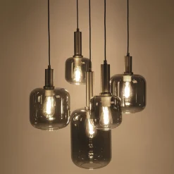 alinea Lustre De Salle À Manger|Suspension Électrifiée*Suspension en acier à 5 globes E27 en verre fumé H218cm - noir Doré