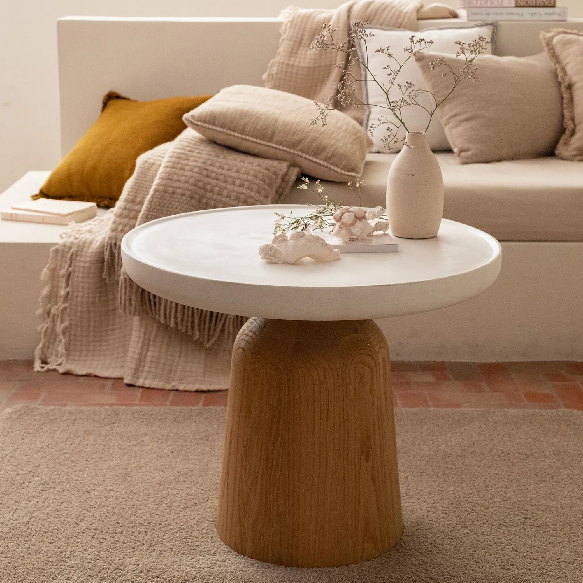 alinea Table Basse*Table basse ronde en chêne et béton - écru Blanc