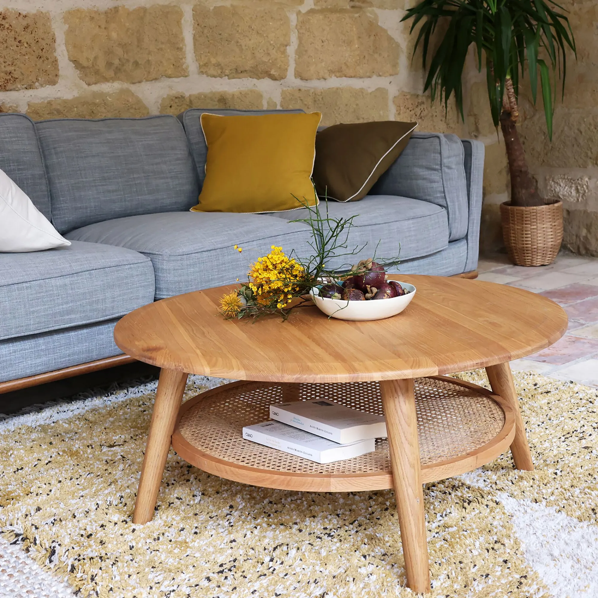 alinea Table Basse*Table basse ronde en chêne et rotin D90cm - Bois clair