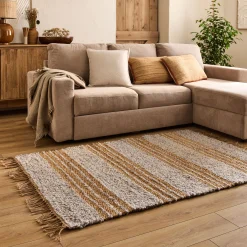 alinea Tapis En Jute|Tapis De Salon*Tapis en jute rayé finition franges 160x230cm - Gris