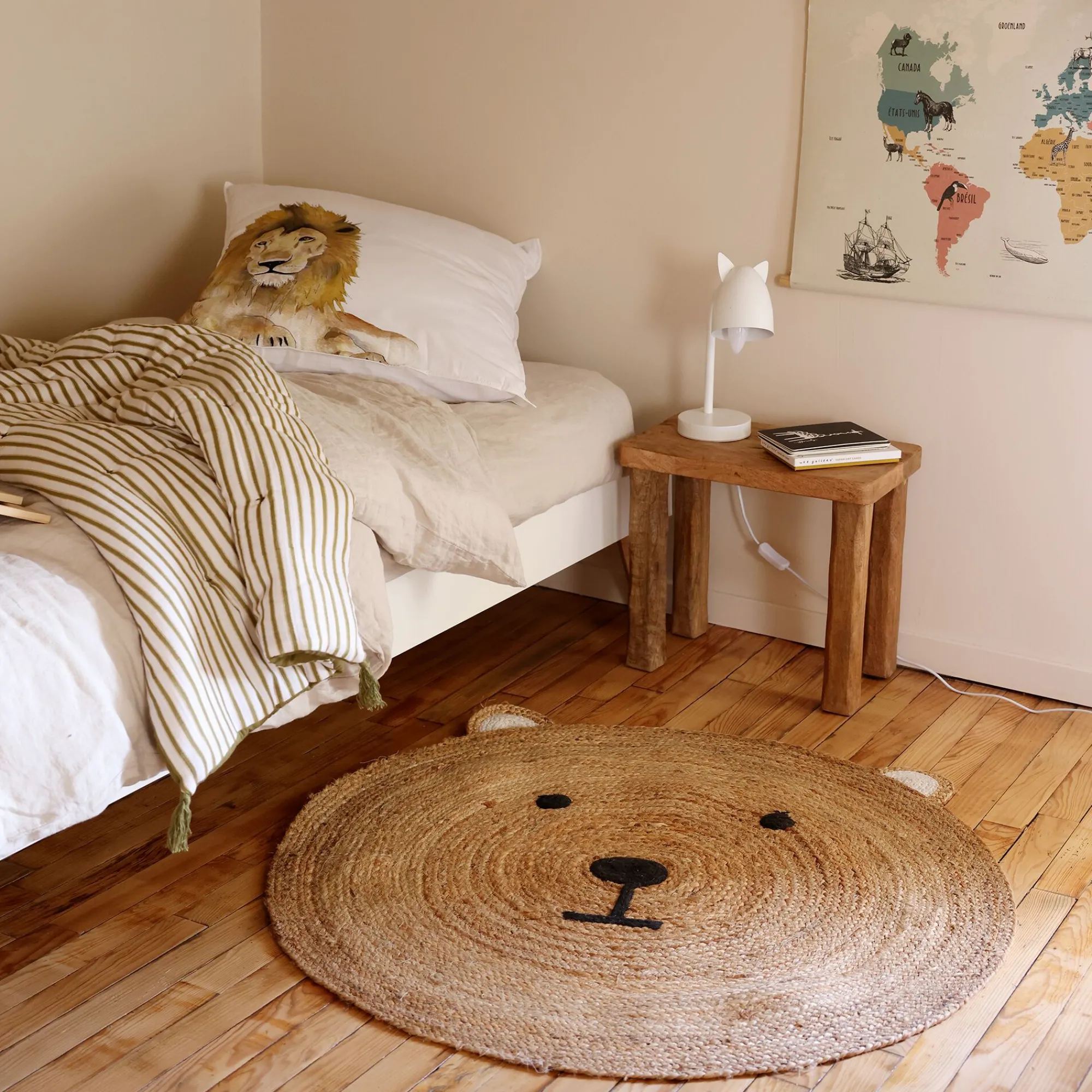 alinea Matelas Enfant|Tapis Chambre Enfant*Tapis rond motif tête d'ours en jute d100cm - Naturel